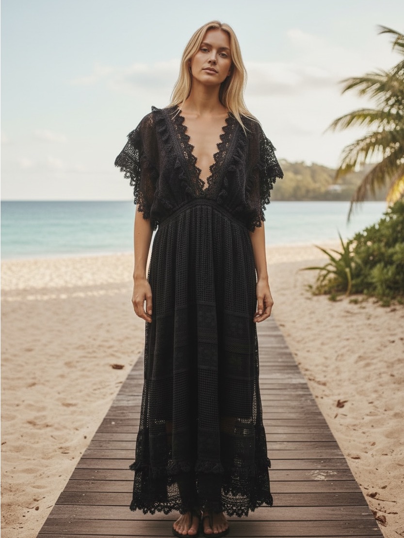 Place Nationale 100% Cotton Black Tournette Grid Lace Backless Kaftan Maxi Dress